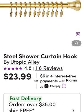 Gold Steel Shower Curtain Double-sided Hooks - Set of 12 Metal Rings